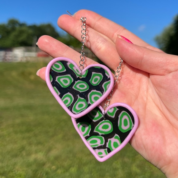Handmade Psychedelic Polymer Clay Heart Statement Earrings - Picture 11 of 17